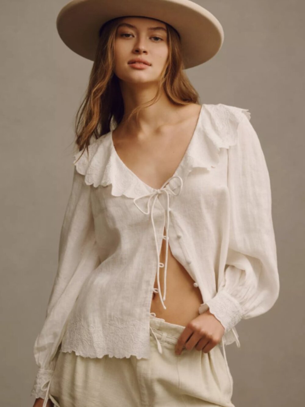 NWOT - By Anthropologie Long-Sleeve Embroidered Linen Tie-Front Top - Picture 1 of 8